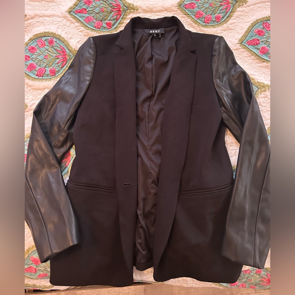 DKNY black blazer with leather sleeves